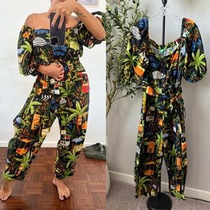 Farm Rio Tropical Fruit Print Puff Sleeve Jumpsuit Tie Waist